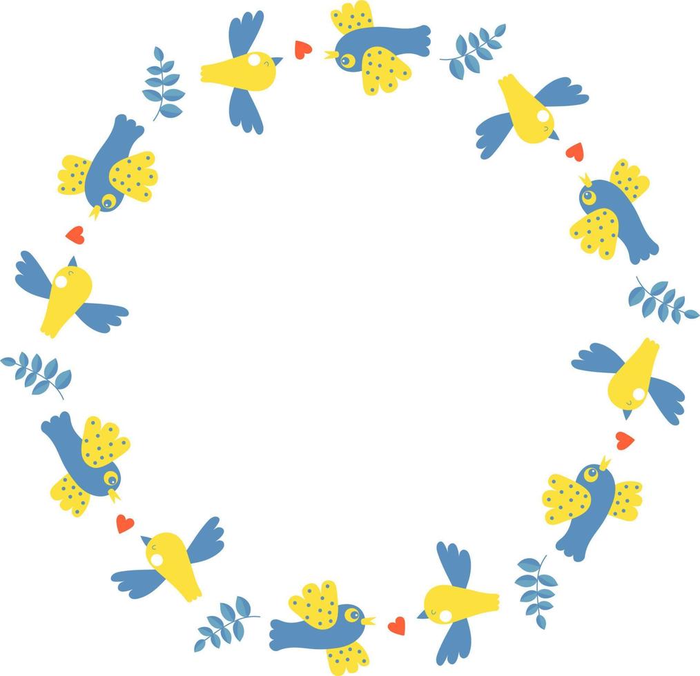 rund ram med gulblå fåglar. vektor illustration. rund ram för dekor, design, tryck, servetter