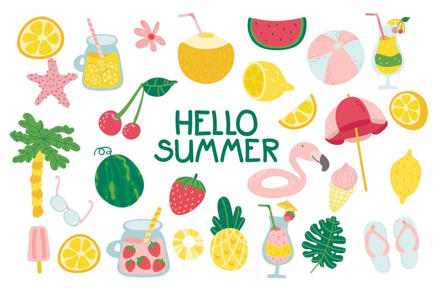 Hallo Sommer. Reihe von süßen Sommersymbolen. Zeichnen von flachen Cartoon-Cocktails, Saft, Eis, Früchten, Blumen, Palmen. hand gezeichnete flache karikatur. sommerplakat, karte, scrapbooking, tag, einladung vektor