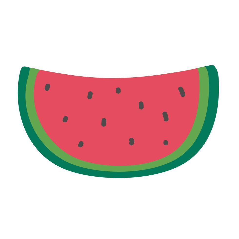 Wassermelonenlappen, in Scheiben schneiden. Stück süße reife Wassermelone mit Gruben und grüner Schale im Doodle-Stil isoliert auf weißem Hintergrund. Vektor