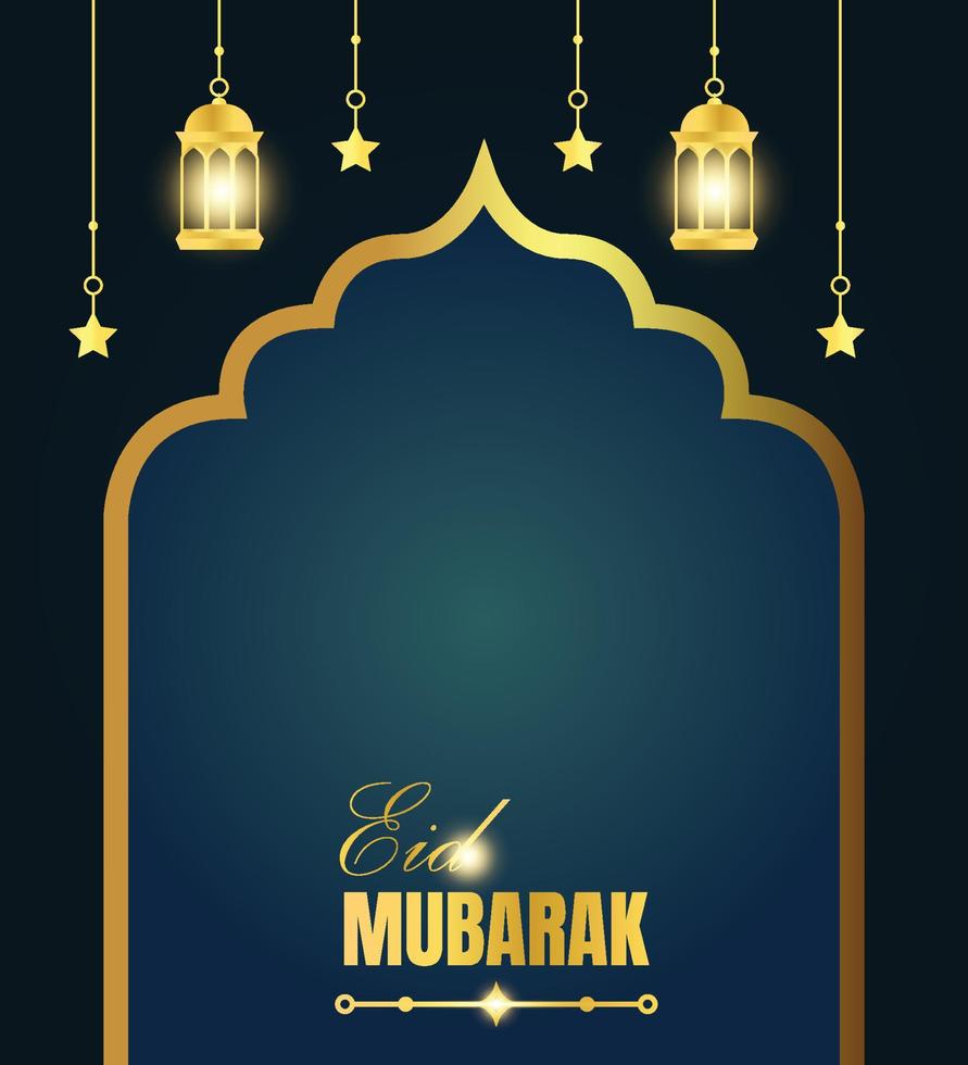 gyllene eid mubarak banner och affischmall med kopieringsutrymme och upplysta lyktor hänger och stjärndekoration vektor