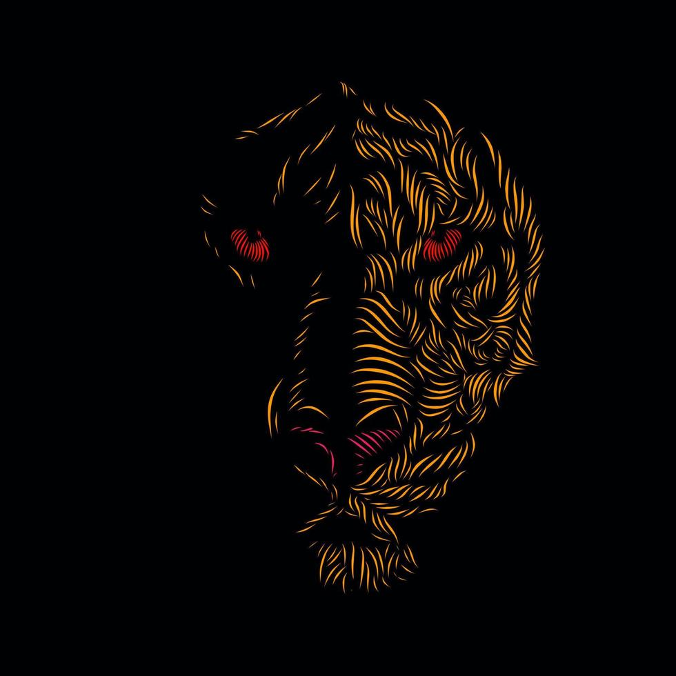 tiger hunter silhouette line pop art potrait logo färgglad design med mörk bakgrund vektor