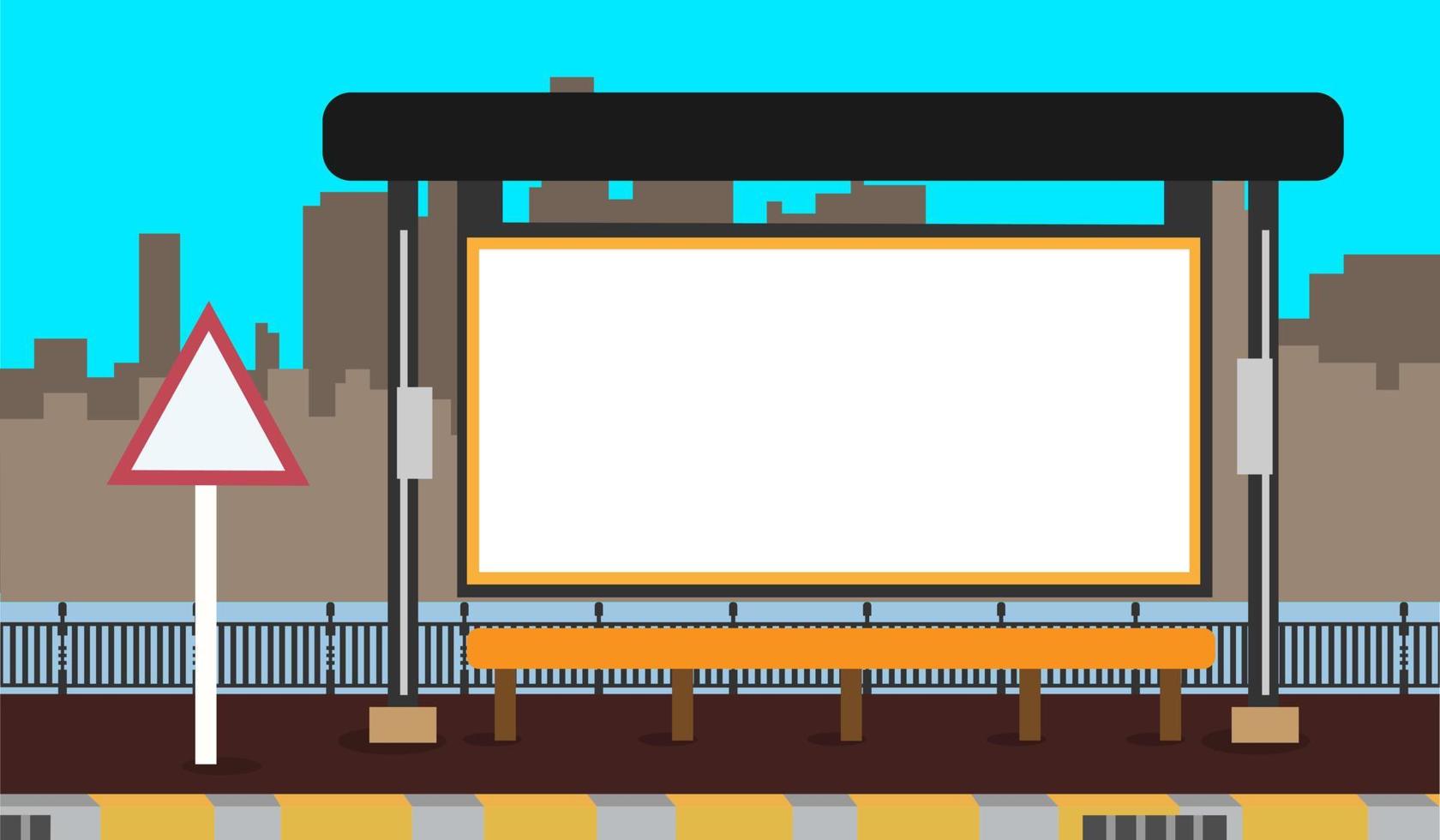 Bushaltestelle im flachen Design im Hintergrund der Schattenstadt für Kopierraum, Nachricht, Informationen, Text, Werbung, Ankündigung und andere, Whiteboard-Animationsvorlage vektor