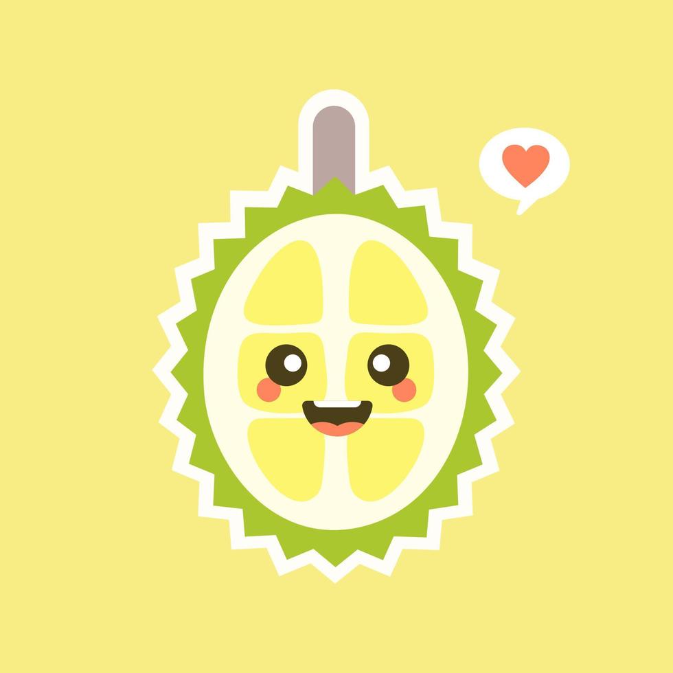 roliga och kawaii durian frukter. söt durian karaktär med ansiktsuttryck och emoji. vektor illustration. använd för kort, affisch, banner, webbdesign och tryck på t-shirt. lätt att redigera.