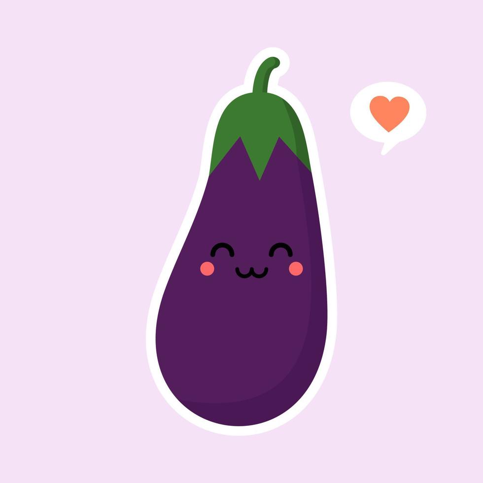 söt och kawaii aubergine karaktär. vektor illustration av aubergine. isolerade objekt på en färgbakgrund. vegetarianism, vegan, maskot, hälsosam mat, ekologiska grönsaker. för restaurang, kulinariska