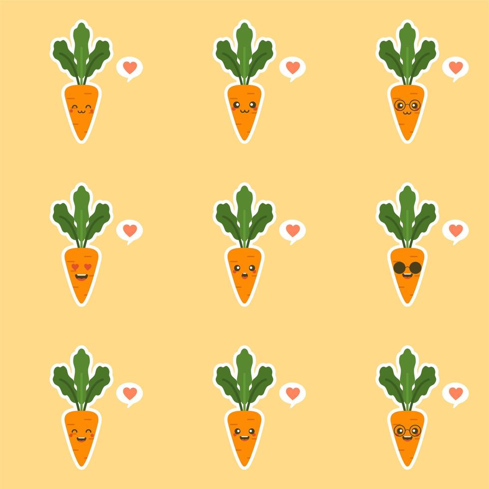 kawaii süße Karotten-Cartoon-Figur. Karottenkarikatur im flachen Stil, niedlicher lächelnder Charakter für gesundes Lebensmittelplakat, abfallfreier Öko-Lebensstil, vegetarisches Essen, Restaurantmenü, Café-Logo, Veganer vektor
