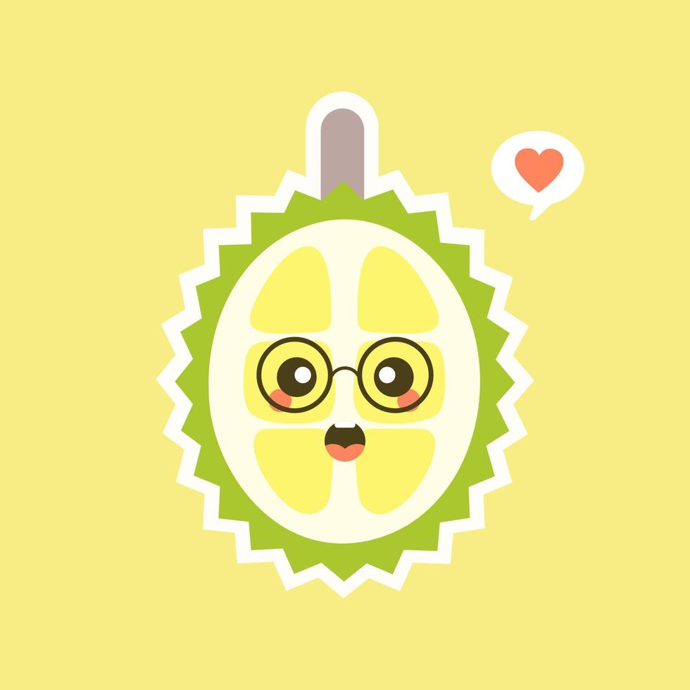 roliga och kawaii durian frukter. söt durian karaktär med ansiktsuttryck och emoji. vektor illustration. använd för kort, affisch, banner, webbdesign och tryck på t-shirt. lätt att redigera.