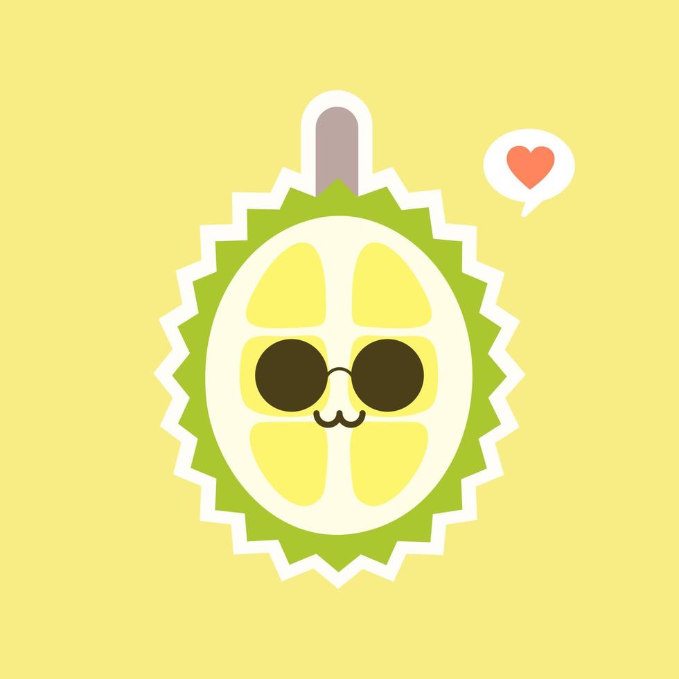 roliga och kawaii durian frukter. söt durian karaktär med ansiktsuttryck och emoji. vektor illustration. använd för kort, affisch, banner, webbdesign och tryck på t-shirt. lätt att redigera.