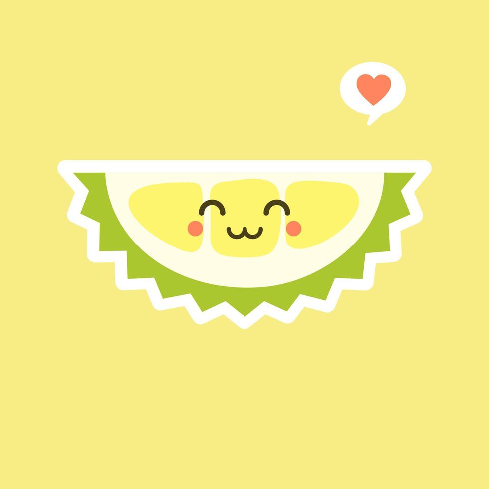 roliga och kawaii durian frukter. söt durian karaktär med ansiktsuttryck och emoji. vektor illustration. använd för kort, affisch, banner, webbdesign och tryck på t-shirt. lätt att redigera.