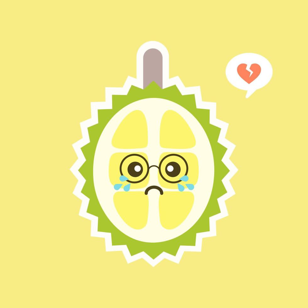 roliga och kawaii durian frukter. söt durian karaktär med ansiktsuttryck och emoji. vektor illustration. använd för kort, affisch, banner, webbdesign och tryck på t-shirt. lätt att redigera.