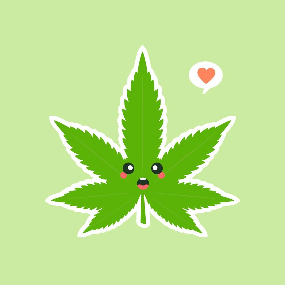 süß und kawaii lächelnd glücklich Marihuana Unkraut grünes Blatt Gesicht. vektor, flache, karikatur, charakter, abbildung, symbol, design. isoliert auf farbigem Hintergrund. Marihuana-Ganja, medizinisches Cannabis und Freizeit-Cannabis vektor