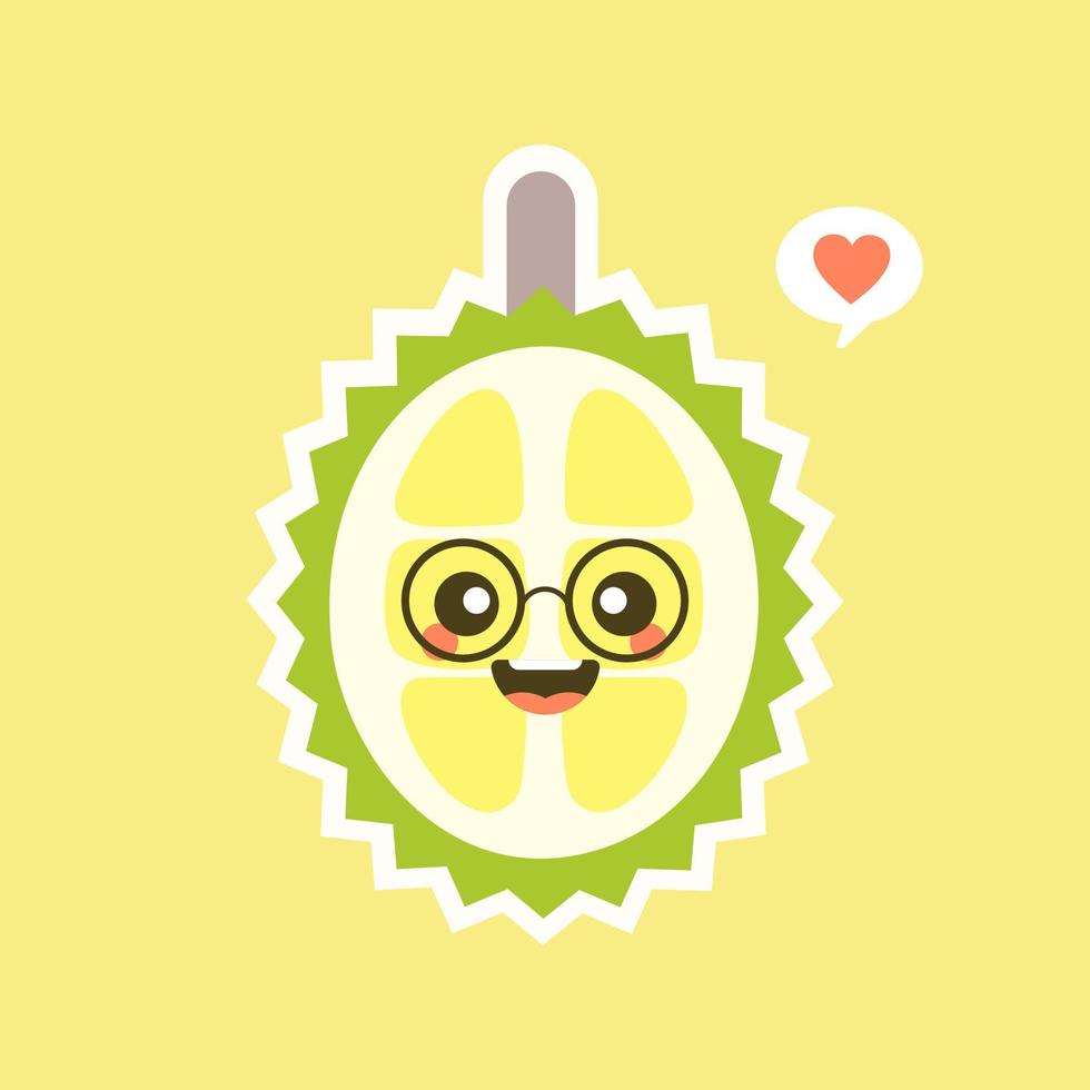 roliga och kawaii durian frukter. söt durian karaktär med ansiktsuttryck och emoji. vektor illustration. använd för kort, affisch, banner, webbdesign och tryck på t-shirt. lätt att redigera.