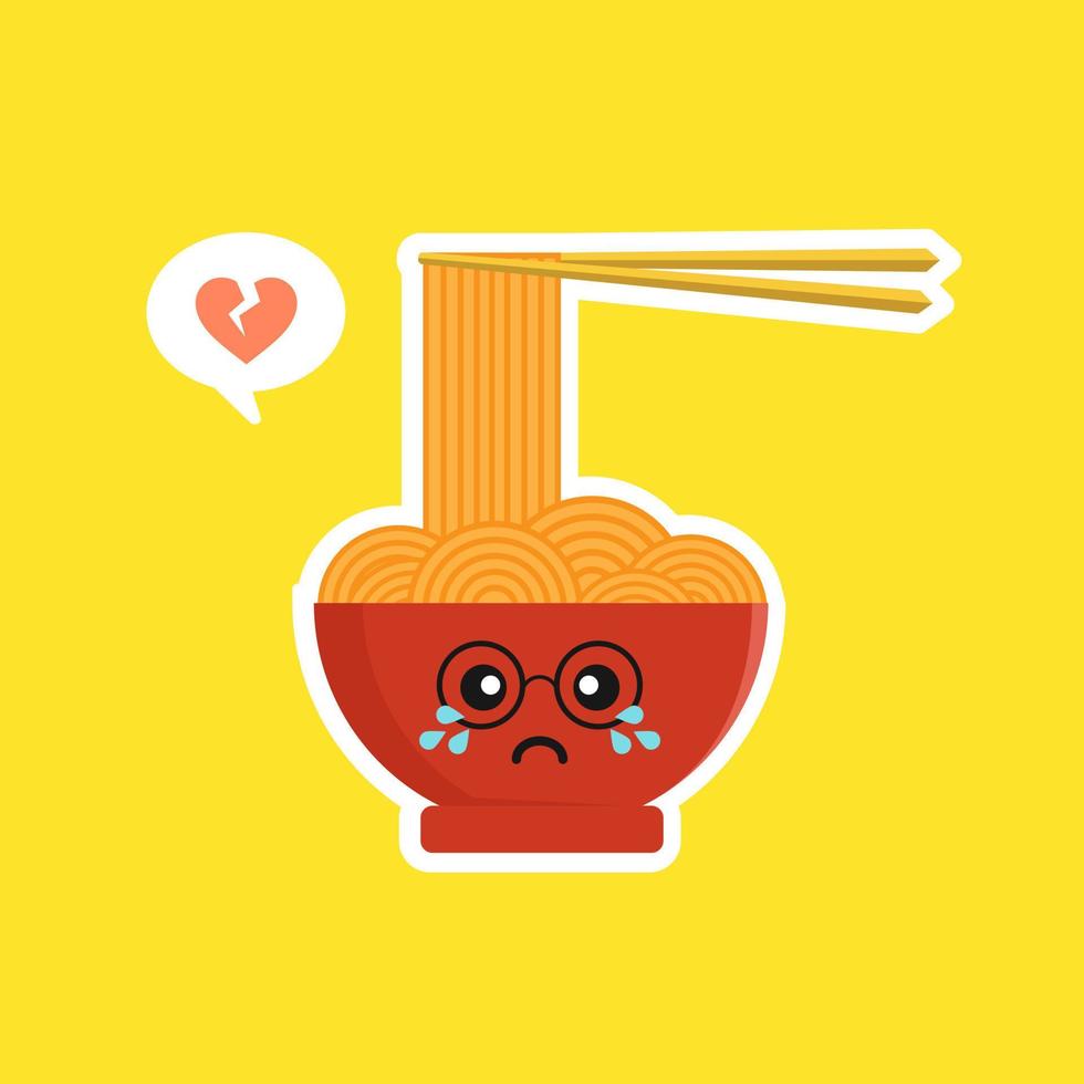 söt och kawaii ramen skål karaktär i platt stil. nudel med ätpinne seriefigur illustration med emoji och uttryck. kan användas för restaurang, resto, maskot, kinesisk. japanska, asiatiska vektor