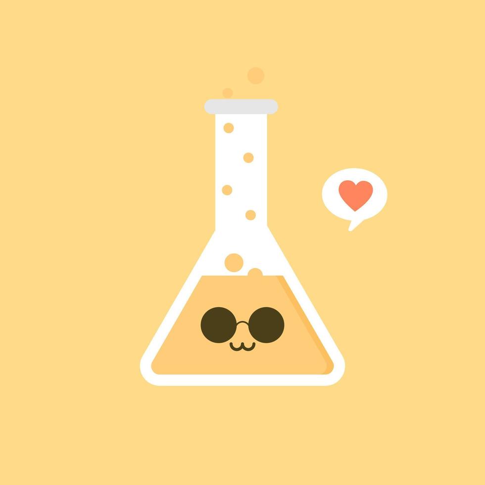 kawaii och söt karaktär erlenmeyer kemisk kolv platt design vektorillustration. vetenskapsexperiment, forskningslaboratorieelement platt stil., kemi, biologi, fysik, läkemedel, medicin vektor