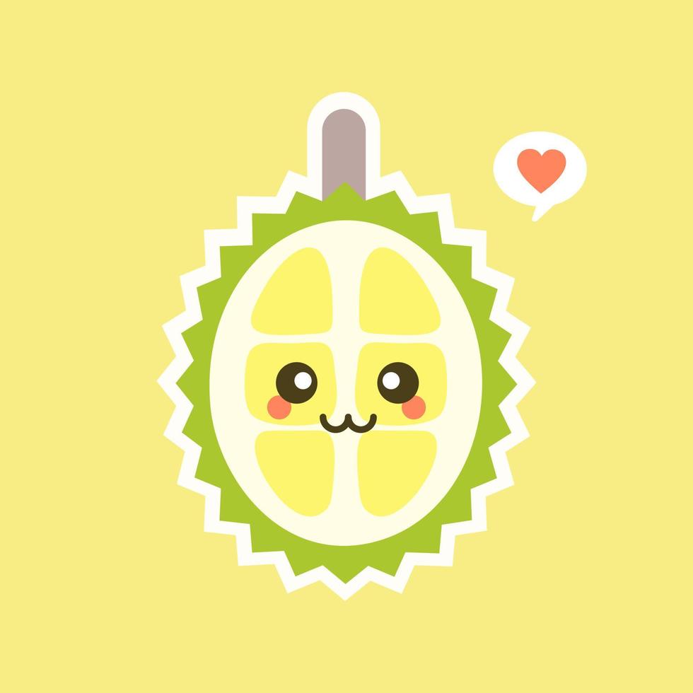 roliga och kawaii durian frukter. söt durian karaktär med ansiktsuttryck och emoji. vektor illustration. använd för kort, affisch, banner, webbdesign och tryck på t-shirt. lätt att redigera.