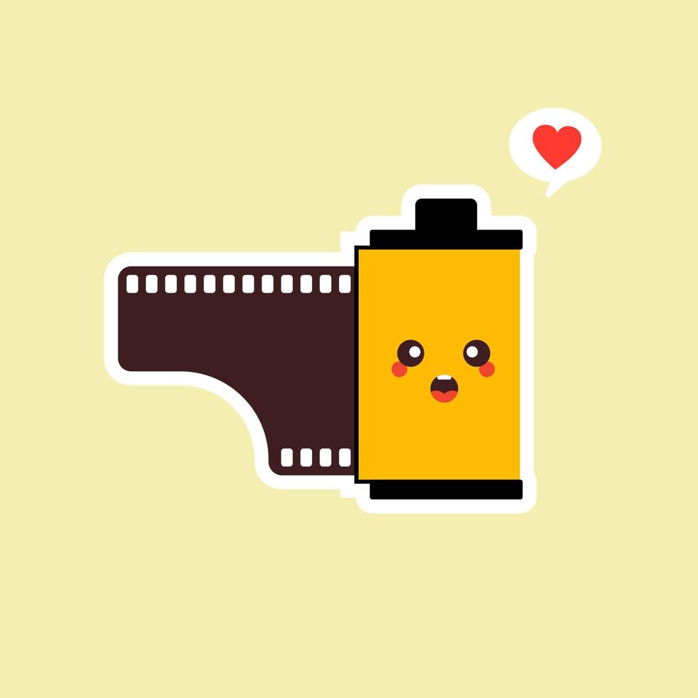 Design-Vektorillustration des Rollfilms flache. kawaii kamerarollfilm emoji mit lustigem ausdruck, analoger kamerakarikatur. Ikone der analogen Fotografie, Maskottchen der analogen Fotografie. Vintage-Film vektor