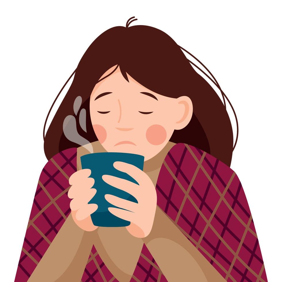 Eine kranke Frau hat eine saisonale Grippe, eine Erkältung. das mädchen hält eine tasse heißes getränk. vektor