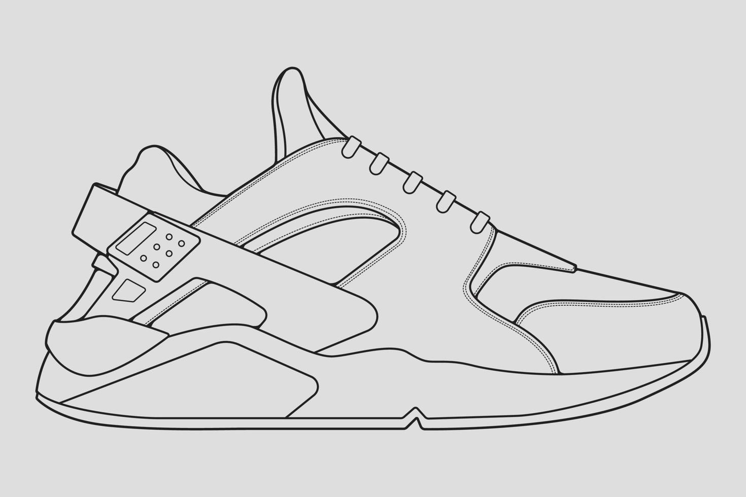 skor sneaker kontur ritning vektor, sneakers ritade i en skiss stil, svart linje sneaker utbildare mall kontur, vektor illustration.