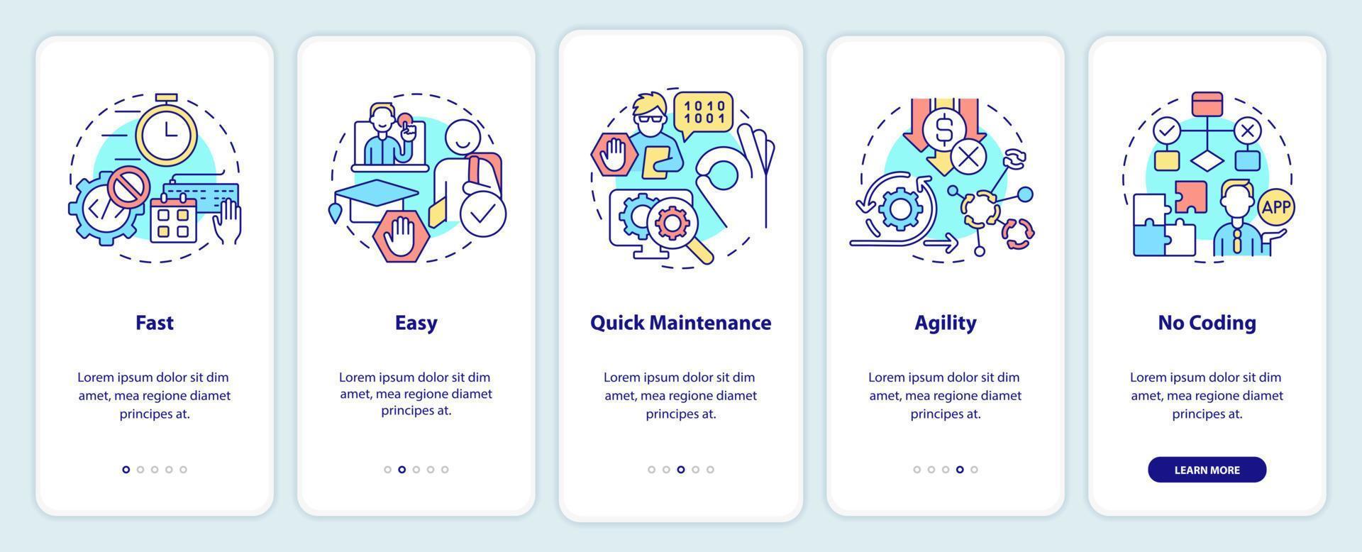 Vorteile des No-Code-Onboarding-Bildschirms der mobilen App. Web 3 0 Komplettlösung 5 Schritte grafische Anleitungsseiten mit linearen Konzepten. ui, ux, gui-Vorlage. Unzählige pro-fette, normale Schriftarten werden verwendet vektor