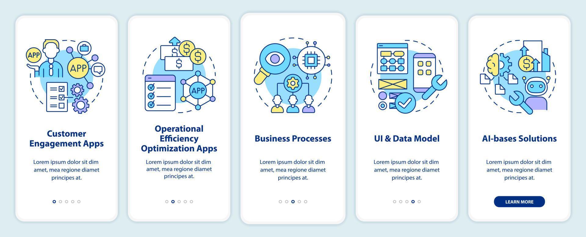 appar skapade med lågkodsplattformar på mobilappskärmen. webbgenomgång 5-stegs grafiska instruktioner sidor med linjära koncept. ui, ux, gui mall. otaliga pro-fet, vanliga typsnitt som används vektor