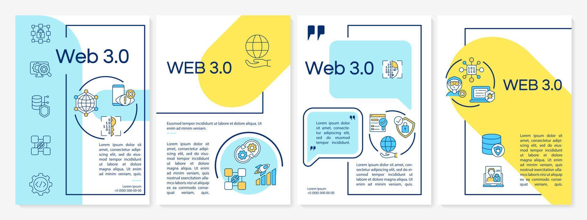 web 3 0 blaue und gelbe broschürenvorlage. Low-Code-Lösung. Broschürendruckdesign mit linearen Symbolen. Vektorlayouts für Präsentationen, Jahresberichte, Anzeigen. Questrial-reguläre, lato-reguläre Schriftarten verwendet vektor