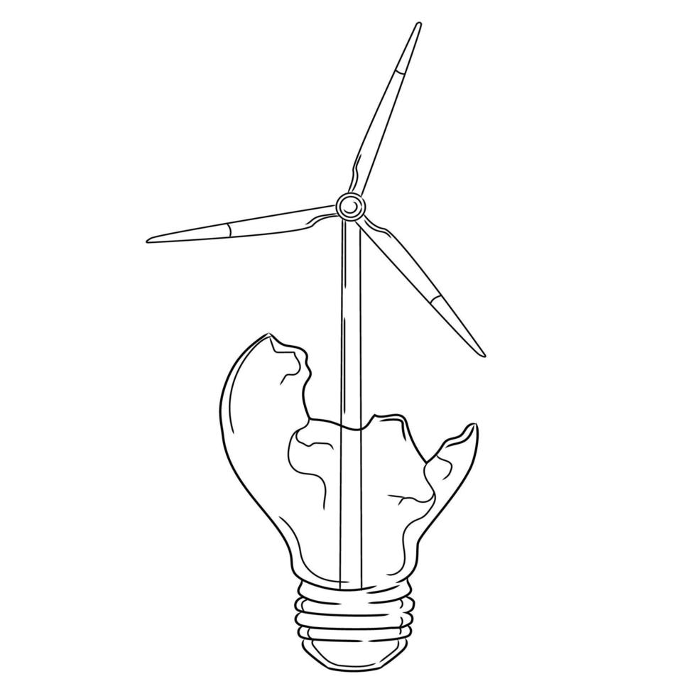 grünes energiekonzept. glühbirne mit windturbine innerhalb der logoschablone.vektorskizzenillustration lokalisiert auf weißem hintergrund.windkraftgenerator - erneuerbare energieinnovationskonzeptillustration vektor