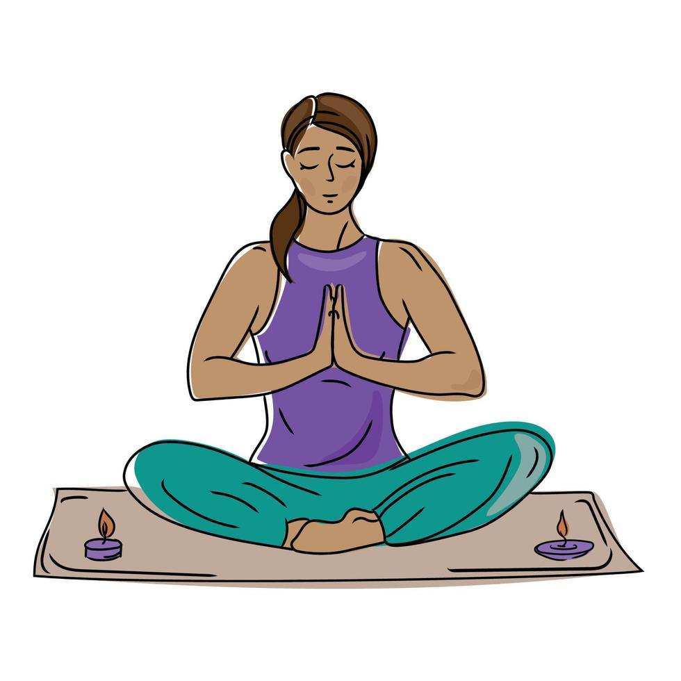 Eine Frau meditiert im Lotussitz auf einer Matte mit Aromakerzen. konzeptionelle illustration für meditationsyoga, gesunder lebensstil.frauenpsychische gesundheit.vektorillustration isoliert auf weiß vektor