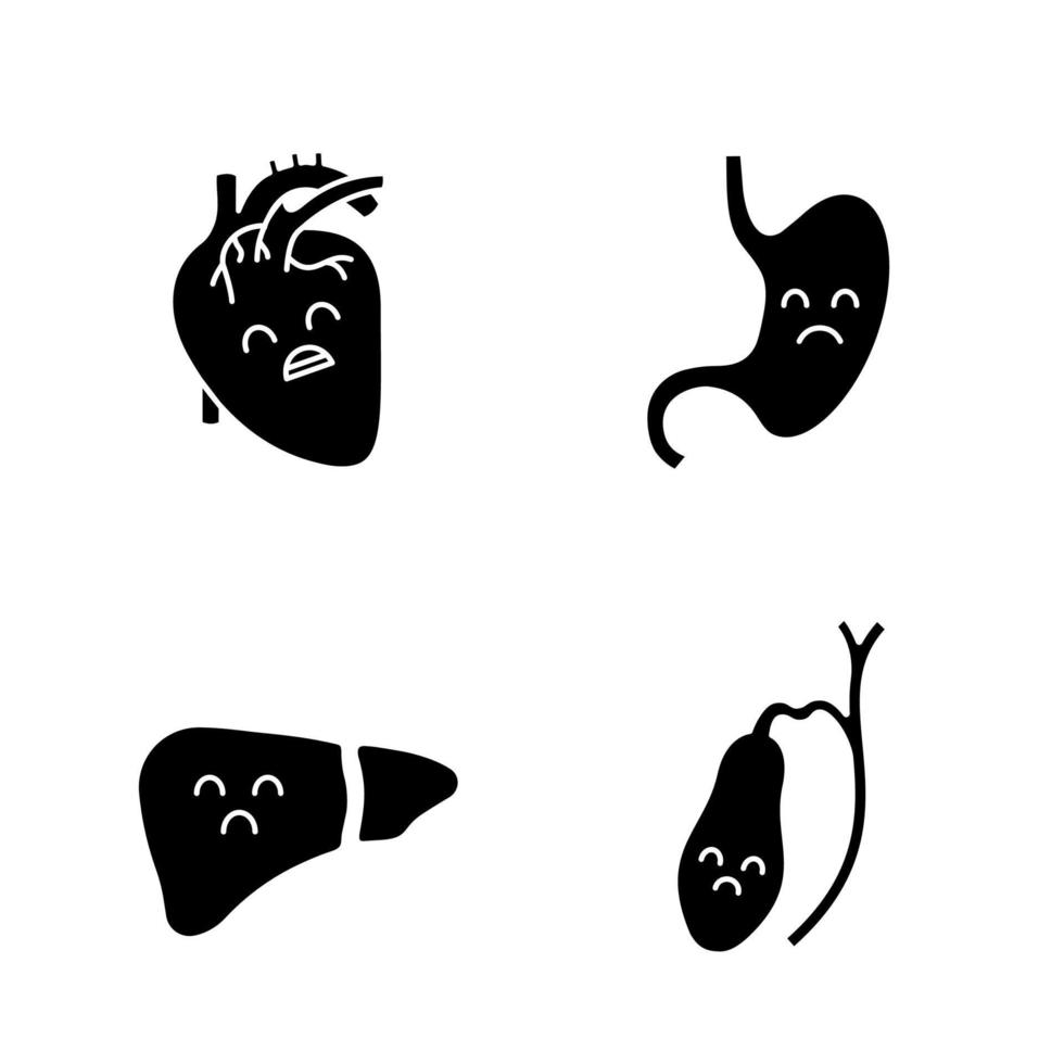 ledsen mänskliga inre organ glyfikoner set. olyckligt hjärta, mage, lever, gallblåsa. ohälsosamma kardiovaskulära och matsmältningssystem. siluett symboler. vektor isolerade illustration