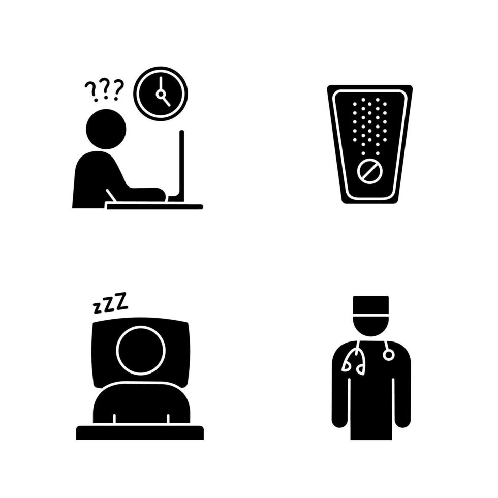 Glyphensymbole für emotionalen Stress gesetzt. Arbeitseile, Brausetablette, Schlafen, Arzt. Silhouettensymbole. vektor isolierte illustration