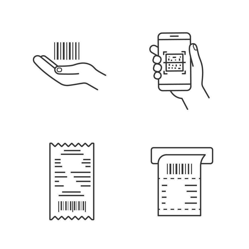 Strichcodes lineare Symbole gesetzt. Linearer Barcode in der Hand, App zum Scannen von QR-Codes, Kassenbon, ATM-Papierscheck. dünne Linienkontursymbole. isolierte vektorumrissillustrationen. editierbarer Strich vektor