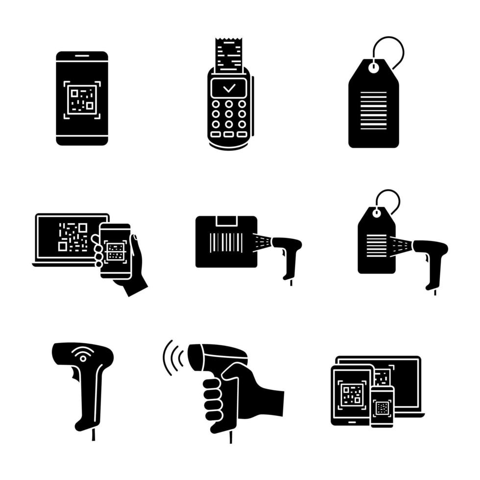 streckkoder glyfikoner set. smartphone streckkodsskanning app, papperskvitto, hängetikett, paket streckkod, handhållen kodskanner, läsare. siluett symboler. vektor isolerade illustration