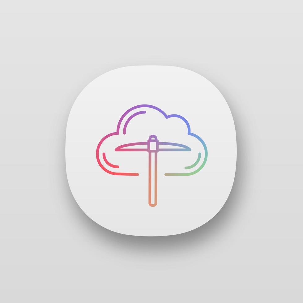 Symbol für die Cloud-Mining-Service-App für Kryptowährungen. ui ux-Benutzeroberfläche. Krypto-Mining. Kryptowährungsgeschäft. Wolke mit Spitzhacke. Web- oder mobile Anwendung. vektor isolierte illustration