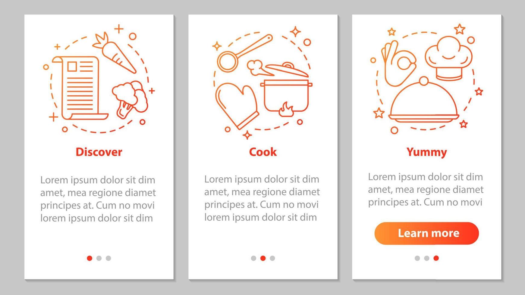 matlagning onboarding mobil app sidskärm med linjära koncept. hitta recept, matlagning, läckra rätter steg grafiska instruktioner. ux, ui, gui vektormall med illustrationer vektor