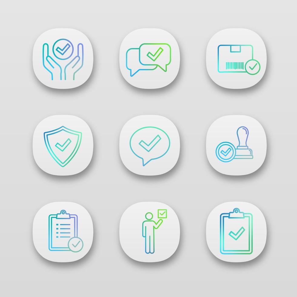 godkänn app ikoner set. kvalitetstjänst, godkänd chatt, leverans, säkerhet, dialog, stämpel, uppgiftsplanering, väljare, urklipp med bock. ui ux användargränssnitt. vektor isolerade illustrationer