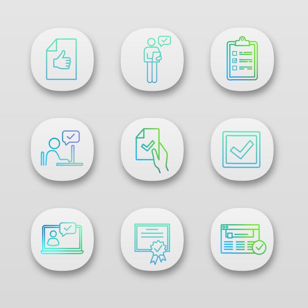 godkänn app ikoner set. godkännandedokument, kontroll, checklista, godkännandechatt, kontraktssignering, kryssruta, chatbot, certifikat, godkänd webbplats. ui ux användargränssnitt. vektor isolerade illustrationer
