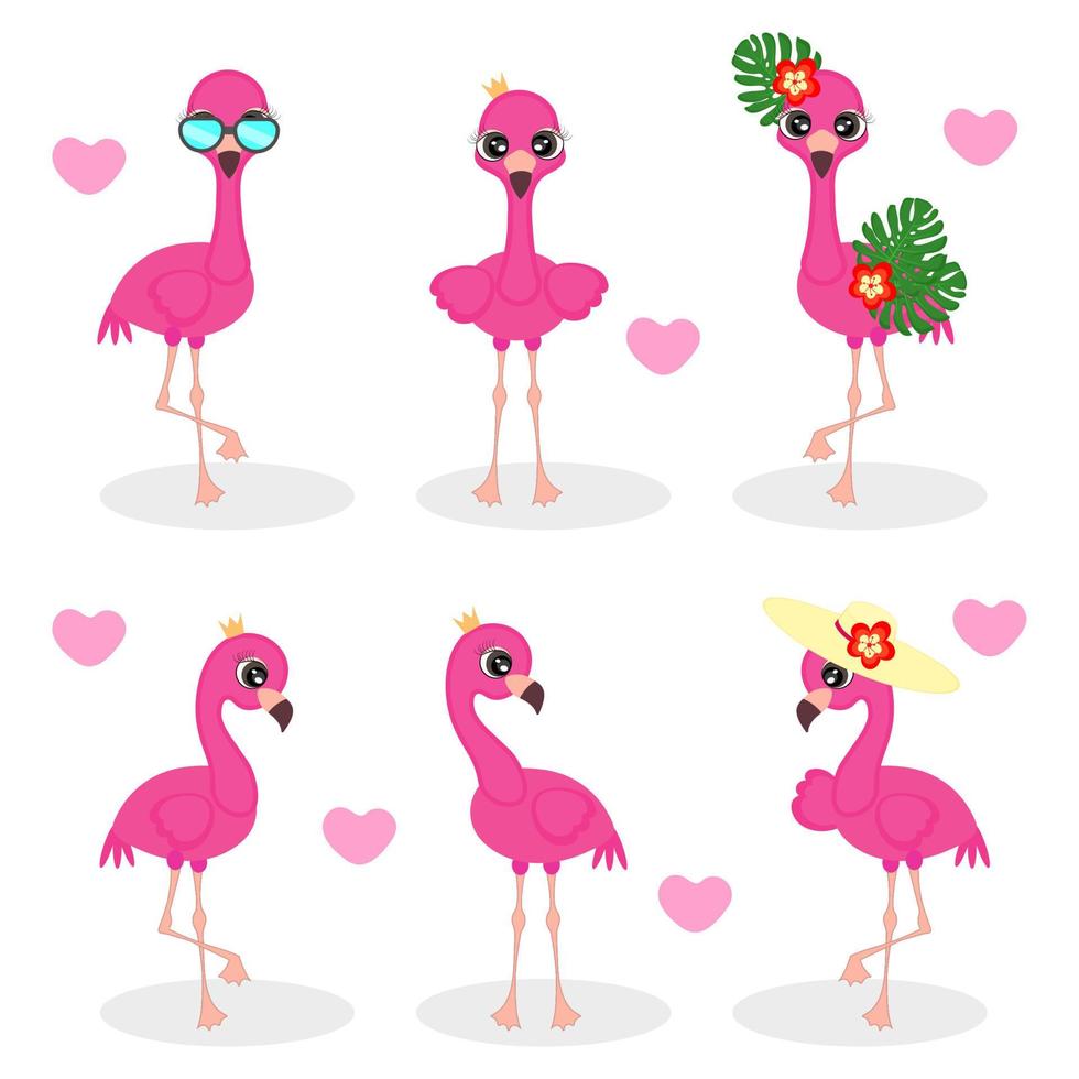 uppsättning rosa flamingos i olika poser tecknad serie, söt samling flamingos isolerade exotiska fågelvektorer, tryck för textilier, förpackningar, vykort vektor