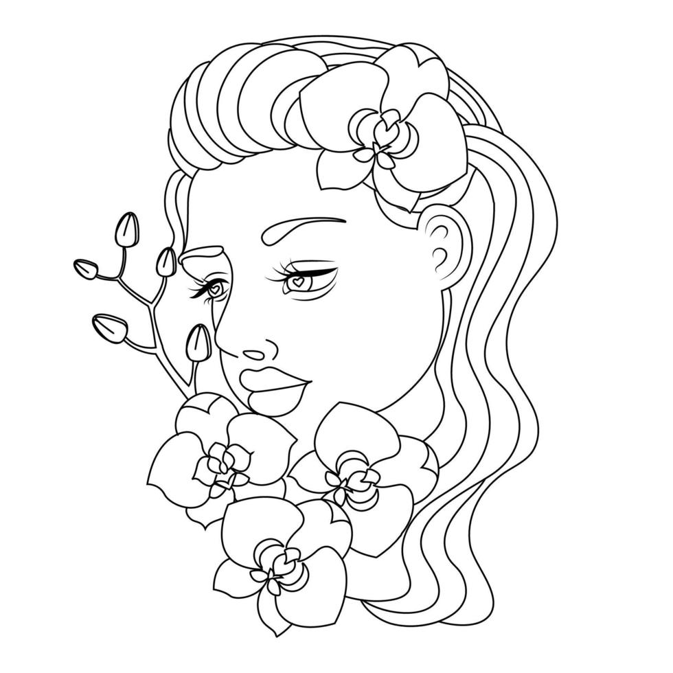 siluett av en flicka med orkidéblommor i stil med linjekonst, målarbok, tryck på produkten, lasergravyr på textilier, vektor