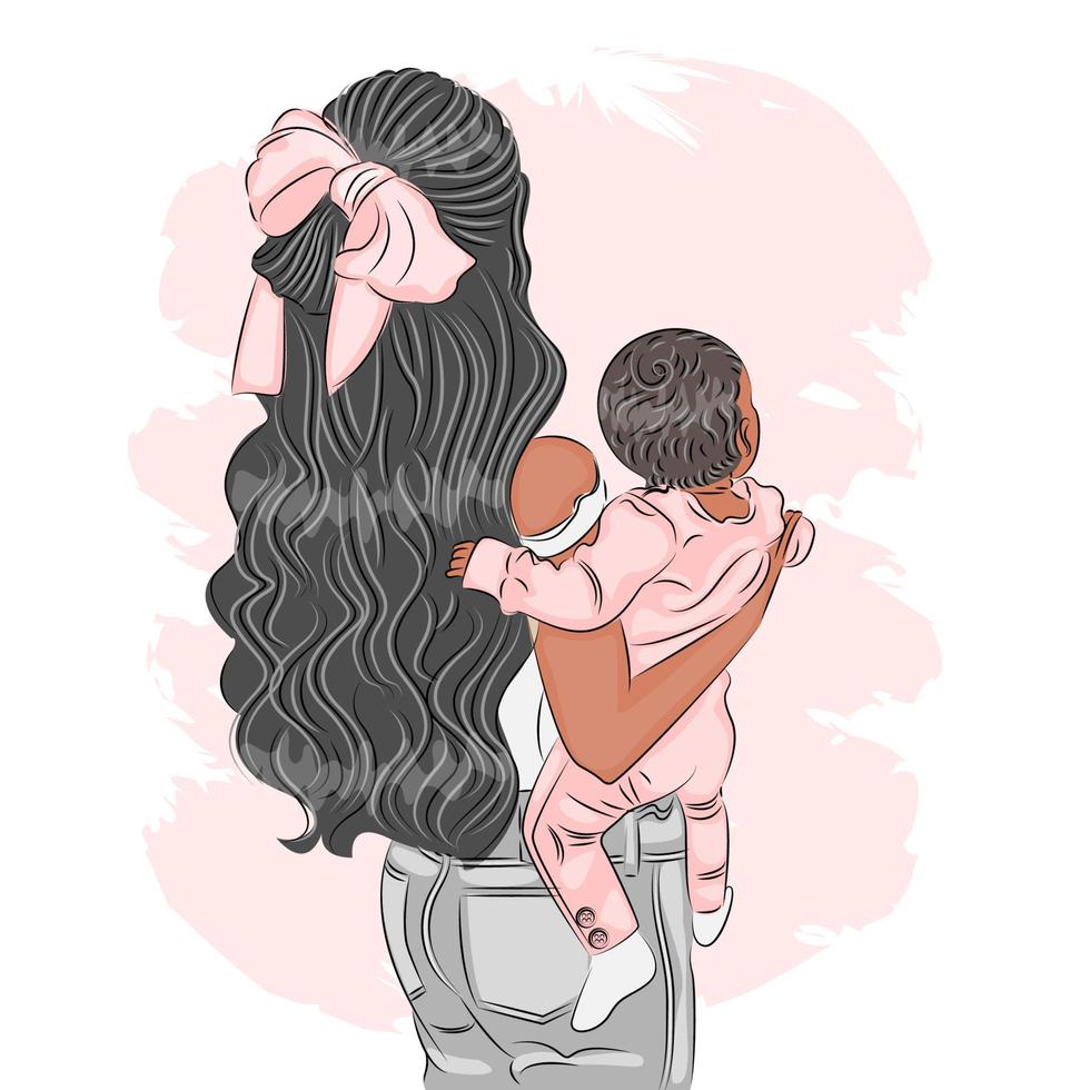 junge Mutter, die ein süßes Baby in ihren Armen hält, Skizze mit einer Linie in Farbe, Vektorillustration einer Mutter, die ihre kleine Tochter in ihren Armen hält, glückliche Muttertagsgrußkarte. vektor