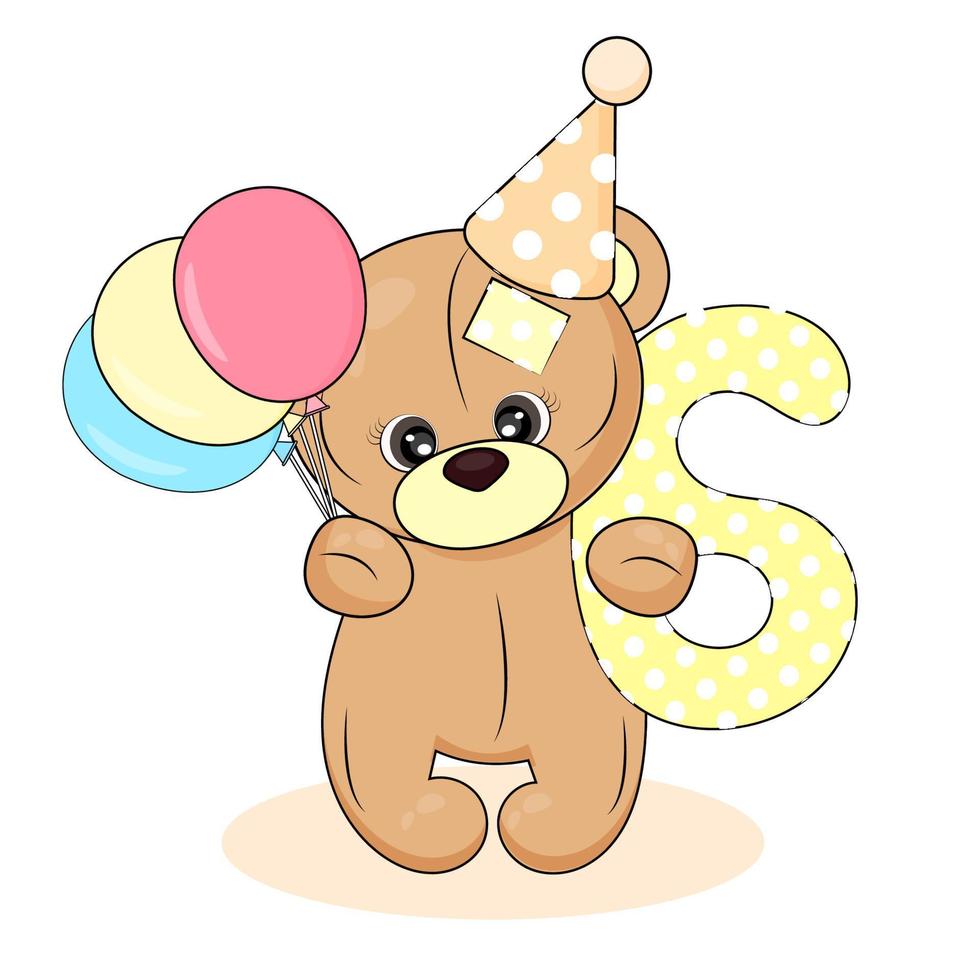 Nummer sechs und Teddybär, Baby-Geburtstagskarte auf weißem, isoliertem Hintergrund, niedliche Zeichentrickfigur und Nummer sechs, Textildruck, Verpackung, Vektorillustration, Partyeinladungen vektor