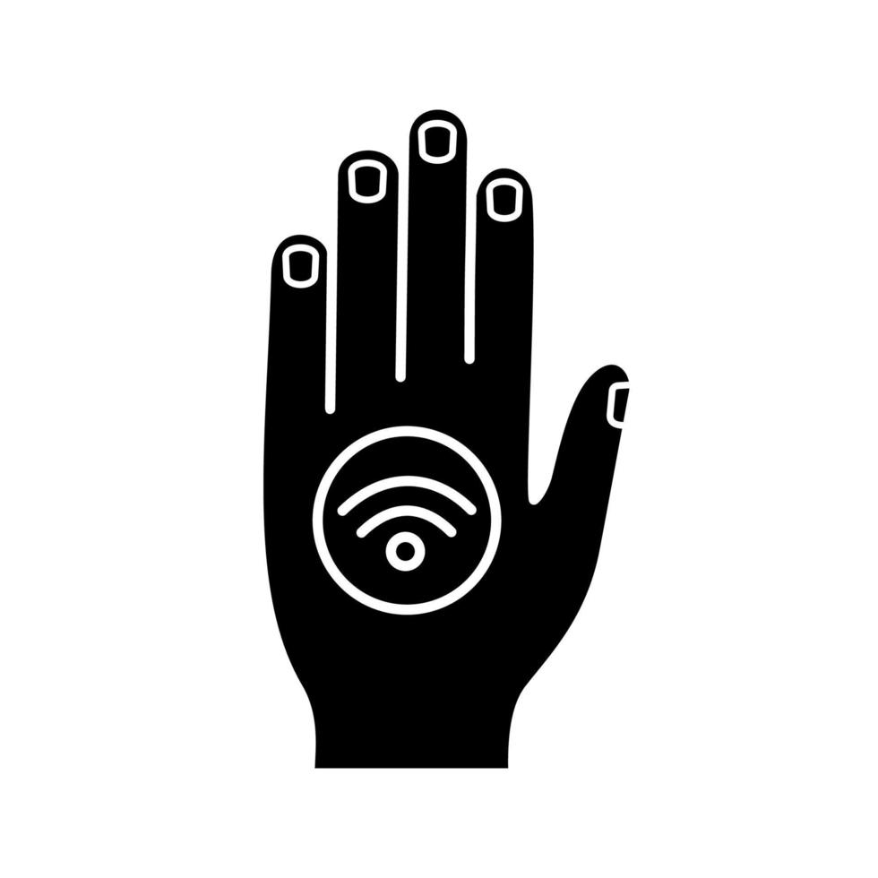 nfc-Aufkleber auf der Hand Glyphe Symbol. Near Field Communication. RFID-Aufkleber. Silhouettensymbol. NFC-Tag. berührungslose Technologie. negativer Raum. vektor isolierte illustration