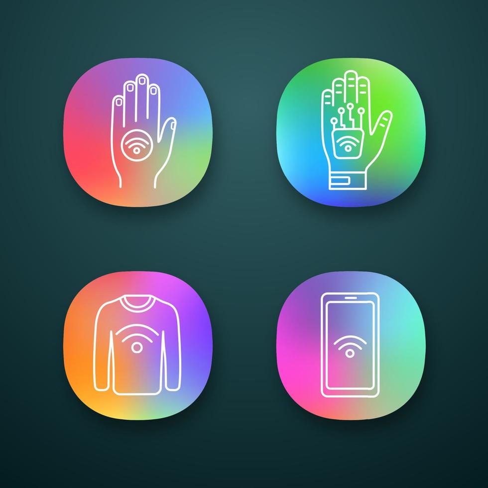 App-Symbole für NFC-Technologie festgelegt. Nahfeld-Handaufkleber, Implantat, Kleidung, Smartphone. ui ux-benutzeroberfläche. Web- oder mobile Anwendungen. Vektor isolierte Illustrationen