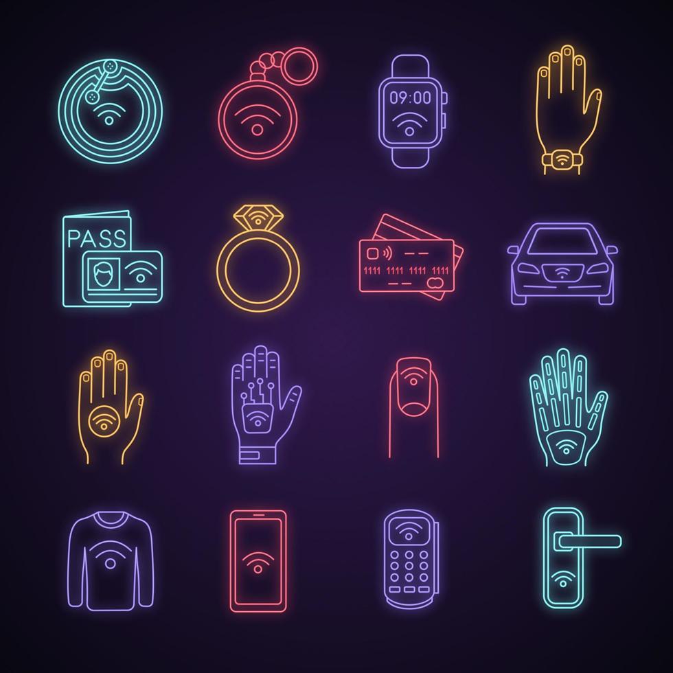 nfc-teknik neonljus ikoner set. närfältskommunikation. rfid och nfc-tagg, klistermärke, telefon, prydnadssak, ring, implantat. kontaktlös teknik. glödande tecken. vektor isolerade illustrationer