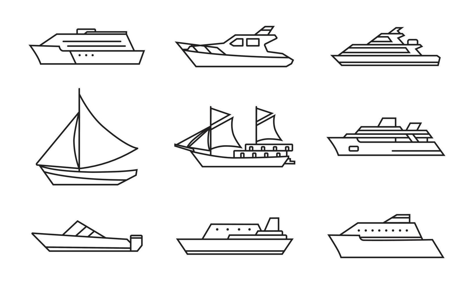 en samling olika båtar. gigantiska havsbåtar och små fiskefartyg. illustration av vatten transport yacht och fartyg segelbåt vektor