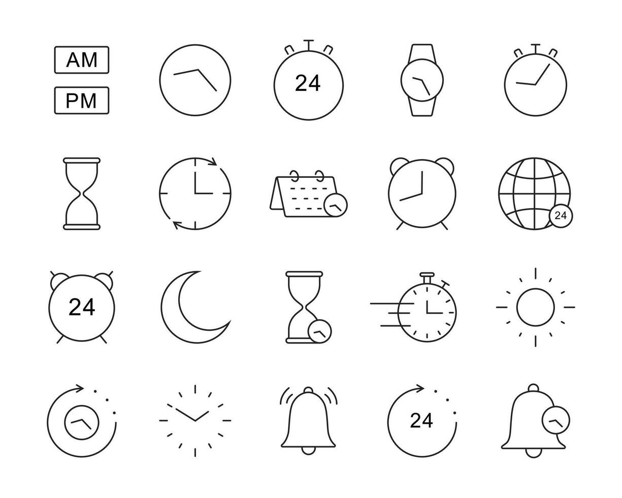 Satz von Zeit und Uhr im dünnen Linien-Icon-Design. Sammlung von Vektorsymbolen im minimalistischen Stil. vektor