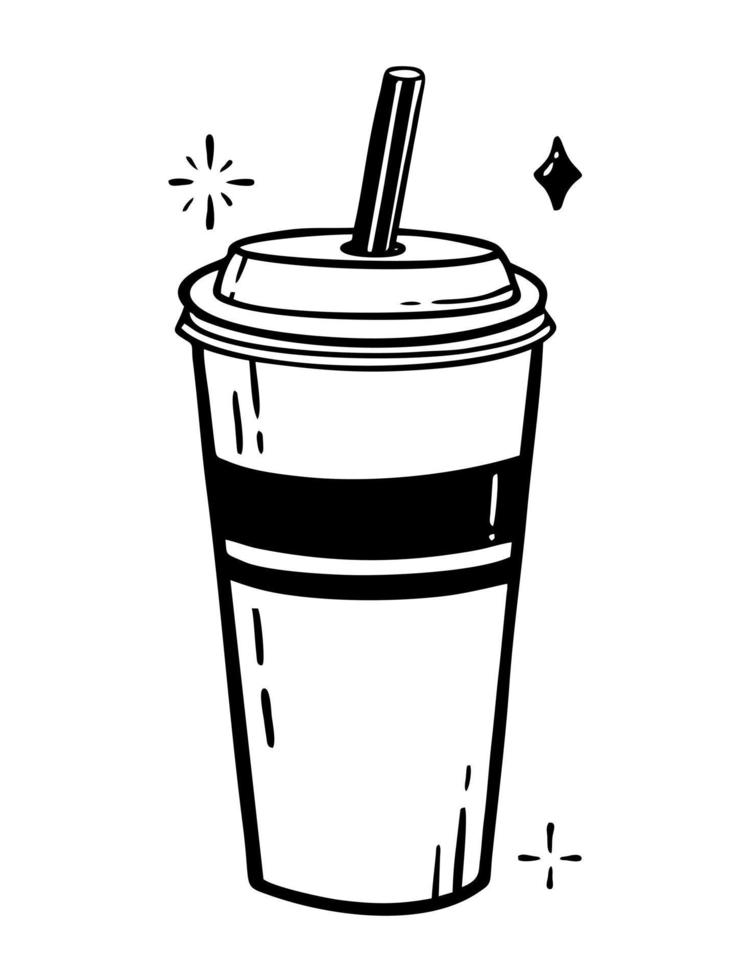 Ein Glas mit einem von Hand gezeichneten Strohhalm mit einer Linienvektorillustration im Stil eines Doodles, das auf einem Weiß isoliert ist vektor