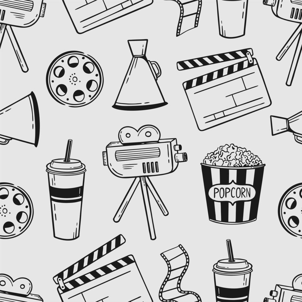 doodle sömlöst mönster film flaxande tavla film popcorn 3d glasögon högtalare vektorillustration i stil med doodle isolerad på en grå bakgrund vektor