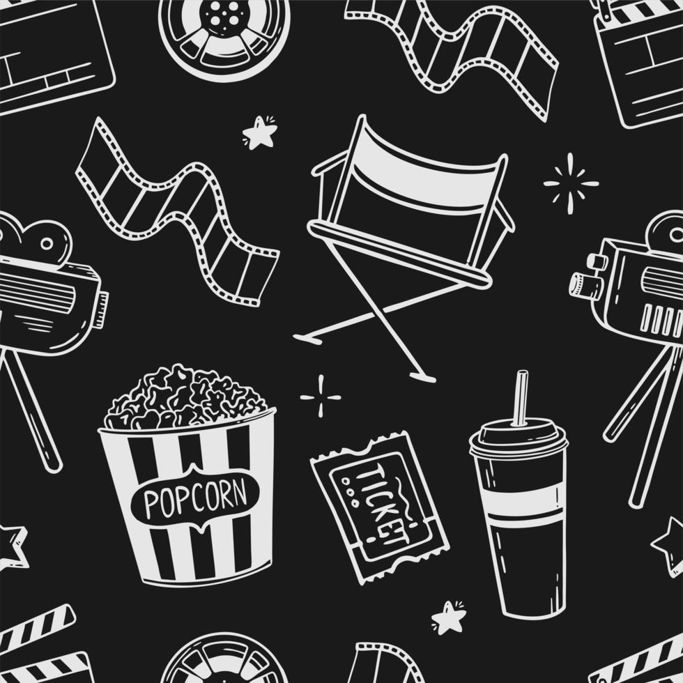 doodle sömlösa mönster film flaxande tavla film popcorn 3d glasögon högtalare vektorillustration i doodle stil isolerad på svart bakgrund vektor