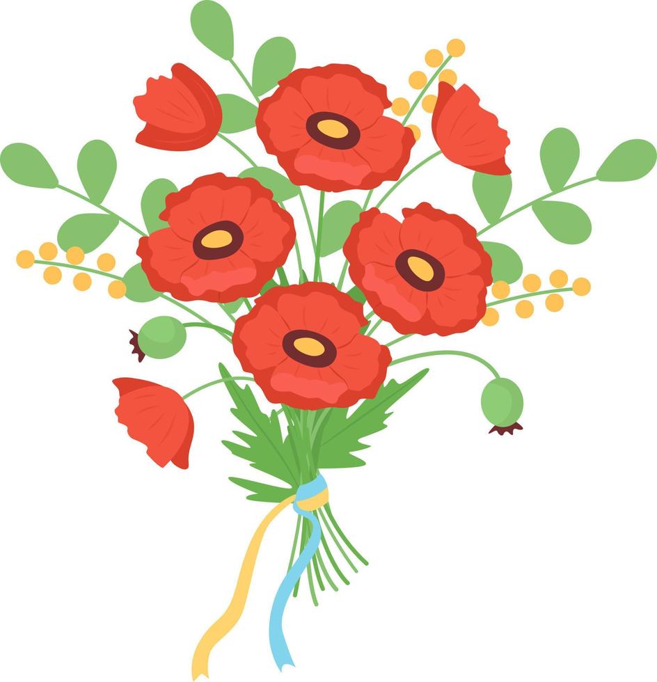 Blumenstrauß mit Mohnblumen und Bändern halbflaches Farbvektorobjekt vektor