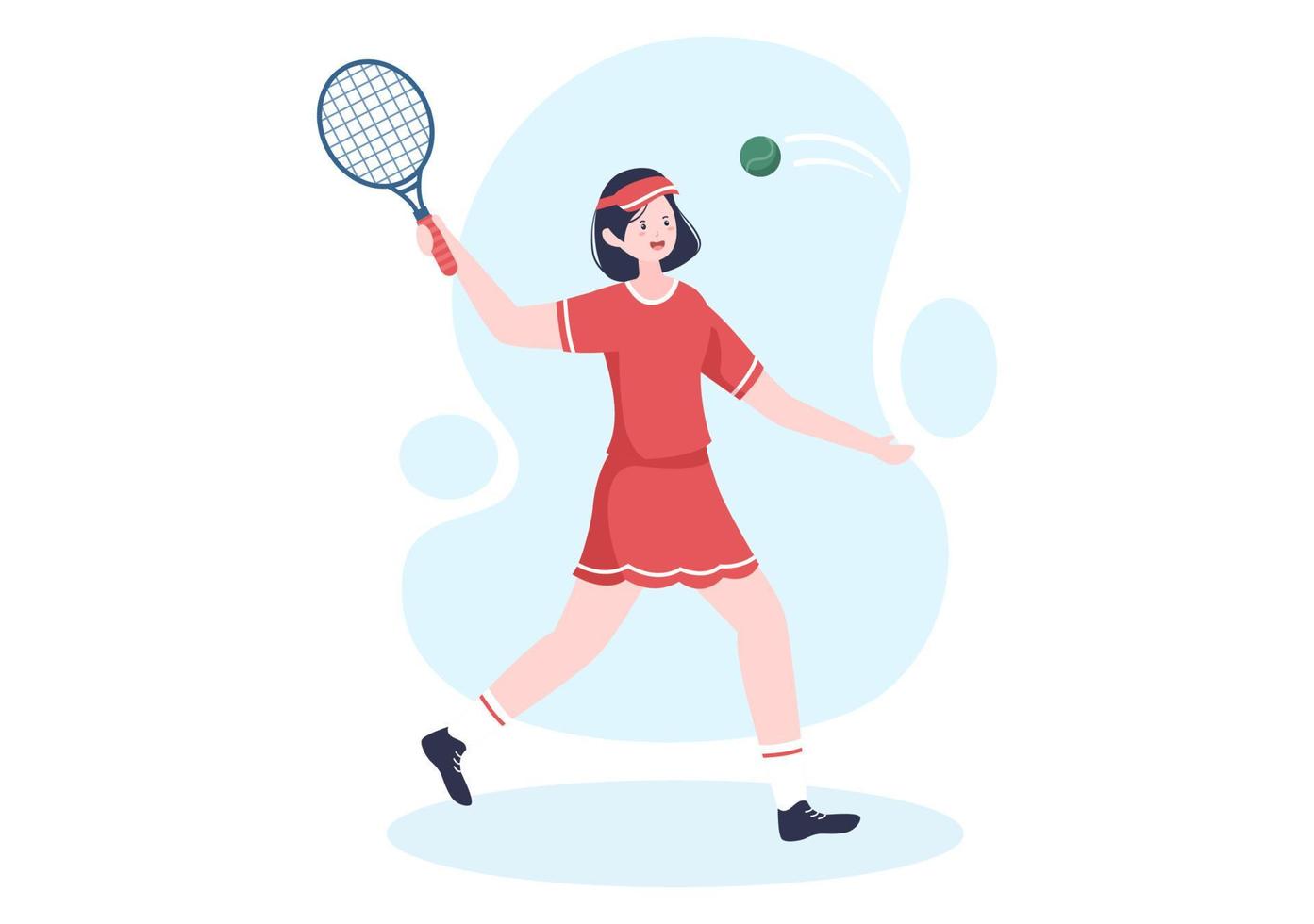 tennisspieler mit schläger in der hand und ball auf dem platz. menschen, die sport treiben, passen in flacher karikaturillustration zusammen vektor