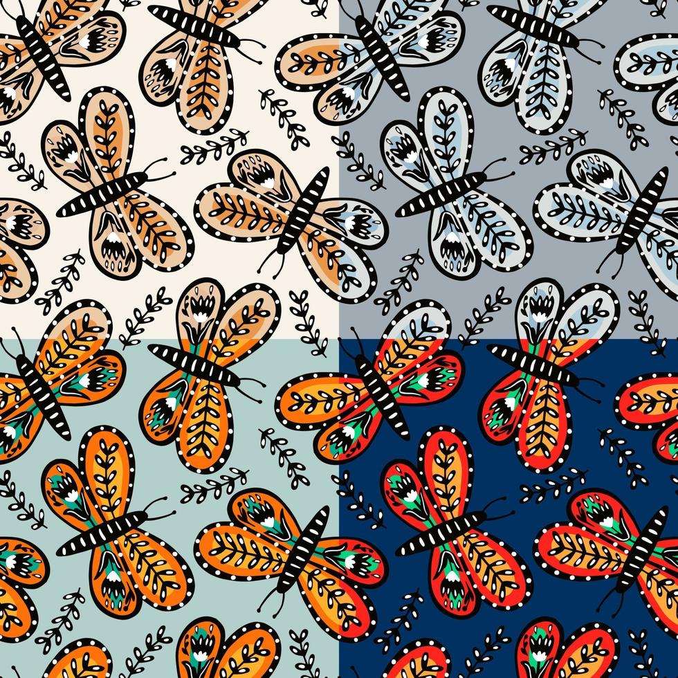 Nahtloses Muster mit Schmetterlingen und Blumen im Volksstil. Schmetterling endlose Tapete. satz fliegender insektendruck in verschiedenen farben. tierisches Folklore-Motiv. design für stoff, textil, verpackung vektor