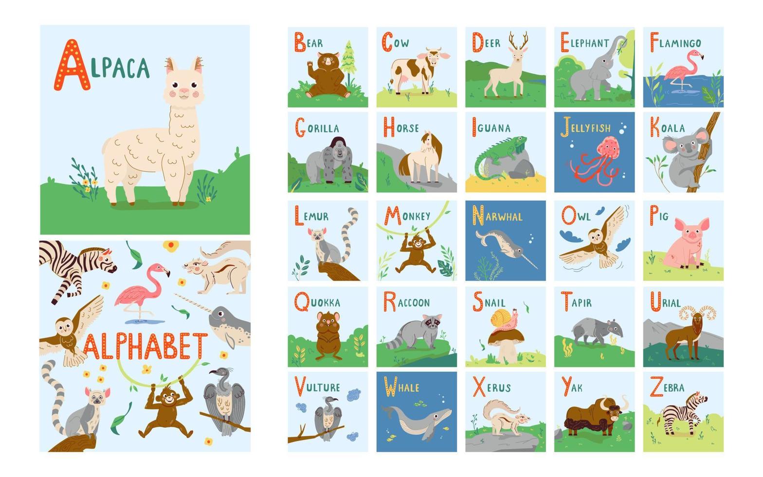 söta djur alfabetet för barn utbildning från a till ö. barnslig vektor teckensnitt för barn abc bok med handritade djur tecken